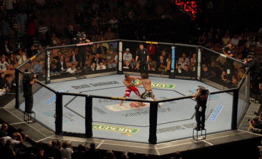 Vue d'ensemble de l'octogone de l'UFC 74 à Las Vegas pendant le combat Clay Guida contre Marcus Aurelio, arbitre et cameramen autour de la cage